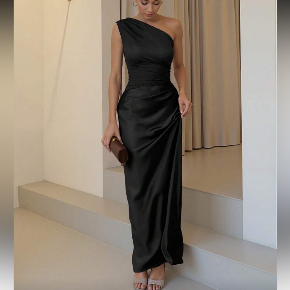 Luxe black one shoulder party formal evening gown dress - Picture 4 of 8